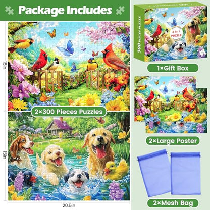 2 Pack 300 Pieces Puzzle for Adults, Bird Dog Jigsaw Puzzles 300 Pieces - color: Dog Bird