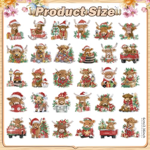 Remuuly 30 Pcs Christmas Diamond Painting Magnets Diamond Art Kit for Adult - color: Highland Cow
