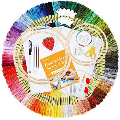 INSCRAFT 304 Pack Embroidery Kit, 200 Colors Threads, 5 Pcs Bamboo Embroidery Hoops, 2 Pcs Aida Cloth, Instructions, Bag and Cross Stitch Tools Set, Hand Embroidery Starter Kit for Beginners Adults