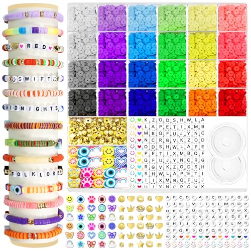 ARTDOT 5342 PCS Clay Beads for Friendship Bracelets Making Kit, 24 Rainbow Colors Jewelry Making Supplies Heishi Beads with Elastic String and Organizer Gifts