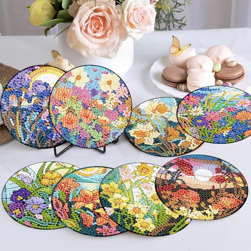 8 Pcs Diamond Art Coasters Kit for Adult with Holder, Diamond Coaster 4x4in - color: Flowers Coasters-A, size: 8 Pcs 4x4in