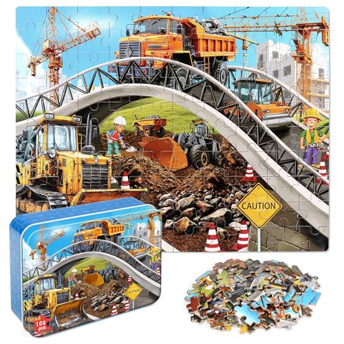 LELEMON Puzzles for Kids Ages 4-6,Construction Site 100 Piece Puzzles for Kids Ages 4-8 in a Metal Box,Educational Jigsaw Puzzles 100 Piece Puzzle Games Puzzle Toys for Girls and Boys - color: Construction