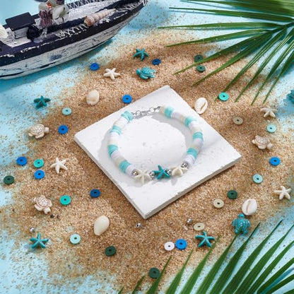 UNICRAFTALE 1 Box About 1000Pcs Turtle Beads Starfish Beads Bohemian Style Natural Shell Charms Colorful Flat Round Summer Ocean Sea Animal Bead Set Flat Preppy Bead for Jewelry Making - color: White & Blue