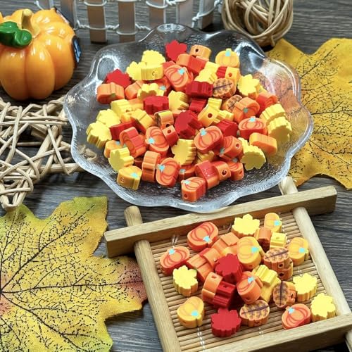 Polymer Clay Fall Pumpkin Maple Loose Spacer Beads, 10mm Thanksgiving Autumn Maple Leaves Pumpkin Beads Charms for DIY Hair Clip Necklace Bracelet Jewelry Earring Handmade Craft Making - color: maple pumpkin