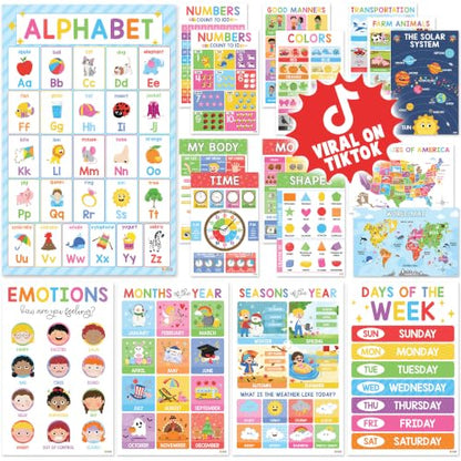 BEAWART 18 Laminated Educational Posters For Toddlers, Preschool Posters for Classroom, Kindergarten Wall Decor, PreK Learning Materials Alphabet Number Chart