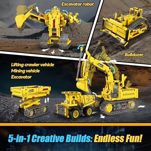 Robot Building Kits, 5-in-1 Stem Toys for Boys Age 8-14, APP & Remote Control Excavator Kids Construction Toys, Programmable Erector Sets, Educational Robotic Kit Gifts for Girls Boys (555 PCS) - style: 5-In-1