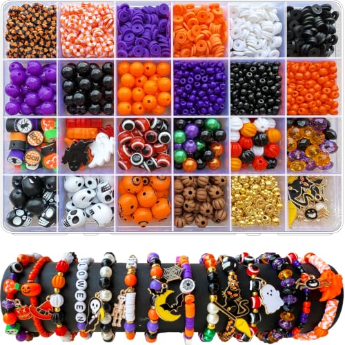 XBYzuzi 2600Pcs Halloween Beads for Bracelets Jewelry Making Kit, Orange Black White Purple alloween Polymer Clay Beads Pumpkin Evil Eye Skull Bead with Ghost Spider Charms for DIY Craft Earring - color: Black+White