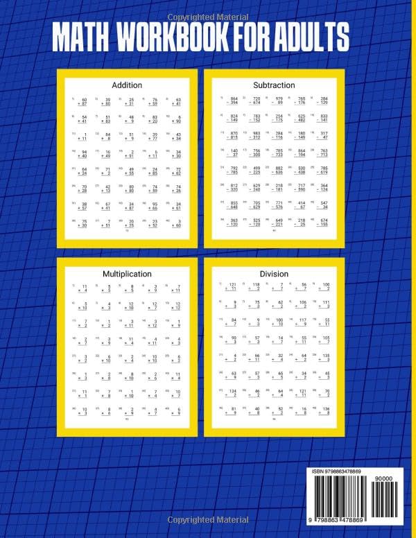 Math Workbook for Adults | Addition, Subtraction, Multiplication and Division: Basic Level Math Questions | Over 100 Exercise Worksheet | Solutions Included | Math Refresher For Adults