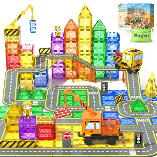 Soyee 102 PCS Magnetic Tiles with 2 Cars & 2 Cranes - style: 102pcs Cranes