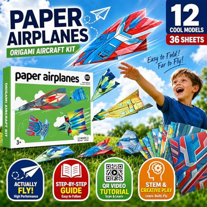 Vexorith Paper Airplane Kit for Kids Ages 8-12, 5-8 – 36 Designer Origami Papers with 12 Flying Plane Styles, STEM Craft & Educational Toy Gift for Boys Girls