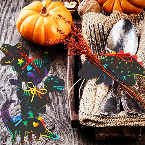 Outus 120pcs Scratch Dinosaur Craft Art Kits for Kids with 48 Scratch Dinosaur Paper24 Wooden Styluses and 48 Ribbons for Theme Birthday Party Game Supplies - size: Medium