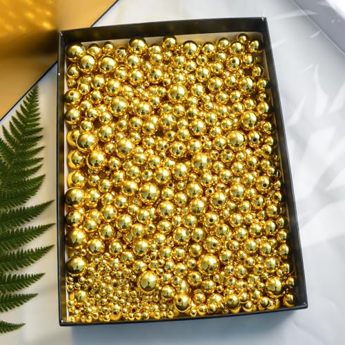 Laopottbeads 1225 Pcs Gold Beads with Oxidation-Resistant Finish, 4/6/8/10/12mm Round Beads DIY Kit for Bracelets, Earrings, Necklaces & Anklets - color: Golden, size: 4/6/8/10/12 mm, 1225 pcs