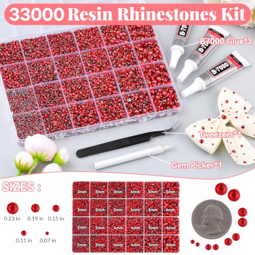 33000Pcs 2-6mm Red Resin Rhinestones for Bedazzling Kit - color: Red 2-6mm