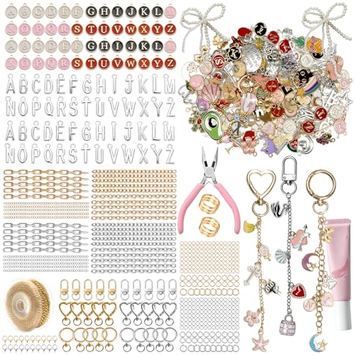 Grnheat 700 Pcs Charms Lip Gloss Keychain Making Kit - DIY Craft with Charms - Key Chain Hooks, Jump Rings, Lobster Clasps, Chains & Tools, Bag Charm Kit - Keychains Make Supplies - color: Light pink