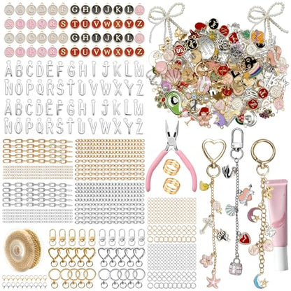 Grnheat 700 Pcs Charms Lip Gloss Keychain Making Kit - DIY Craft with Charms - Key Chain Hooks, Jump Rings, Lobster Clasps, Chains & Tools, Bag Charm Kit - Keychains Make Supplies - color: Light pink