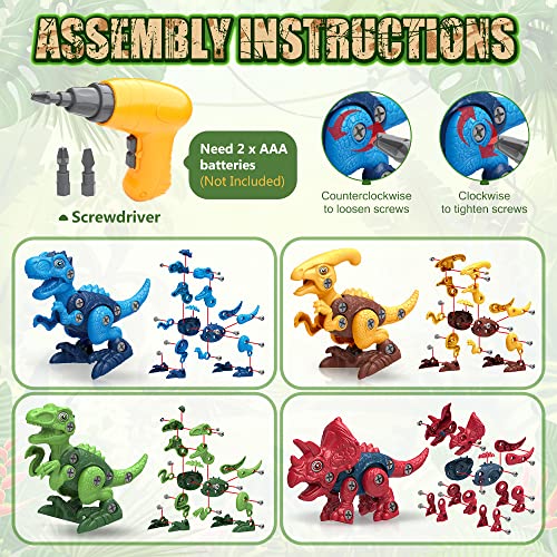 BAODLON Dinosaur Toys for 3 4 5 6 7 Year Old Boy, Take Apart Dinosaur Toys for Kid 3-5 5-7 Building Toy with Electric Drill, Learning Educational STEM Construction Toy Christmas Birthday Gift Boy Girl