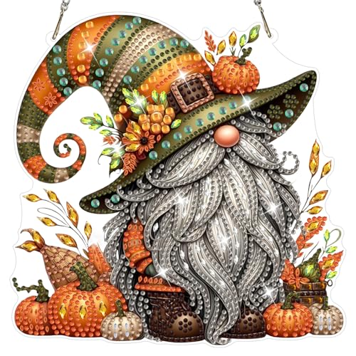 NAIMOER Halloween Diamond Art Hanging Kits for Adults, Fall Gnome 5D Special Shaped Rhinestone, DIY Acrylic Diamond Art Painting Window Pendants Home Garden Wall Hanging Ornament Kits, Double Sided - color: Halloween Gnome