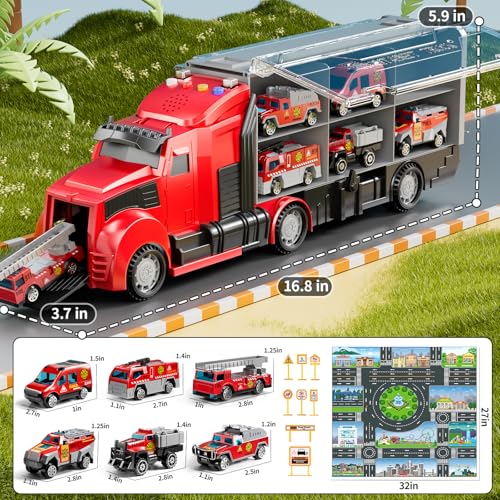 NIPLOOOW Fire Trucks Toy Set with Play Mat, Carrier Truck Play Vehicles Set for 3 4 5 6 Years Old Boys Kids, Die-Cast Car Toy for Toddlers 3-4 Years, Birthday Gifts Toys for 3-9 Year Old Boys - style: Fire Car