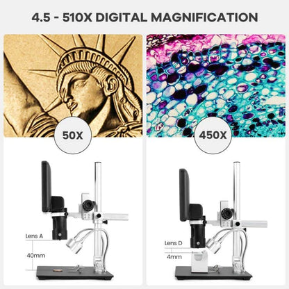 Andonstar AD246-M Digital Microscope for Adults, 3 Lens Soldering Microscope, 1080P FHD Video Record, 7 Inch LCD 500x, Coin Full View, Biological Kit with 32G Card, Prepared Slides