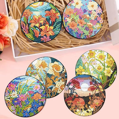 8 Pcs Diamond Art Coasters Kit for Adult with Holder, Diamond Coaster 4x4in - color: Flowers Coasters-A, size: 8 Pcs 4x4in
