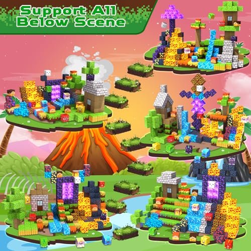 Magnetic Blocks - 300 PCS with Light Up Blocks Dinosaur Volcano Forest Castle Set - Kids Classroom Sensory Toy for Toddlers STEM, Construction Stacking Toy Kids 3+ Boys easter basket stuffers - color: 300pcs Led Glowing Volcano