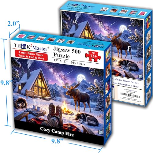 Think2Master Cozy Camp Fire 500 Pieces Large Format Jigsaw Puzzle: 13+, Teens, Adults & Families. Funny, Whimsical, Magical Serene Winter Landscape with Campfire. Great Gift. Size: 26.8” X 18.9” - style: Cozy Camp Fire