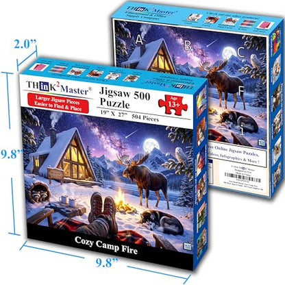 Think2Master Cozy Camp Fire 500 Pieces Large Format Jigsaw Puzzle: 13+, Teens, Adults & Families. Funny, Whimsical, Magical Serene Winter Landscape with Campfire. Great Gift. Size: 26.8” X 18.9” - style: Cozy Camp Fire