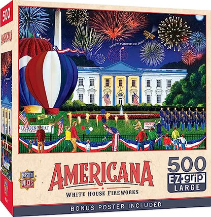 MasterPieces - 500 Piece Jigsaw Puzzle, Large EZ Grip Shapes, White House Fireworks, Fun for Adults, Seniors, Family, Kids, 19.25" x 26.75" - style: White House Fireworks