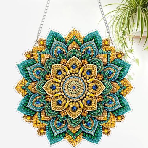AIRDEA Hanging Diamond Painting Kits Mandala,Special Shaped Diamond Art Kits Geometric Flower Gem Art Pendant Decor,7.76x7.76in - color: green golden blue