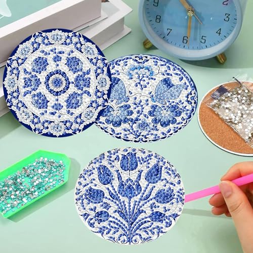 6 Pack Diamond Art Coasters Kits for Adults - Diamond Painting Coasters Kit - color: Blue Flower