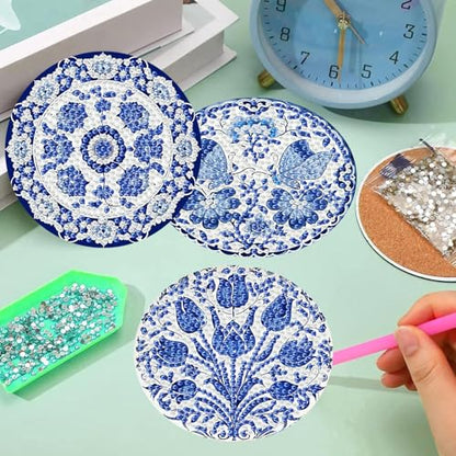 6 Pack Diamond Art Coasters Kits for Adults - Diamond Painting Coasters Kit - color: Blue Flower