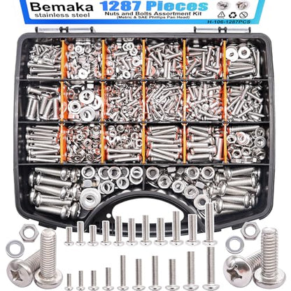 1287Pcs Nuts and Bolts Assortment Kit, 304 Stainless Steel Bolts Machine Screws Hardware Assortment Kit, Metric & SAE Phillips Pan Head Screws, Assorted Bolts, Nuts and Washers Kit - size: 1287PCS