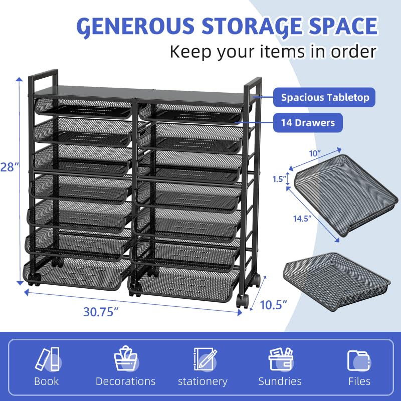 Simple Trending 15-Tier Rolling File Cart, Desk File Organizer with 14 Mesh Sliding Trays, Letter & Legal Paper Storage Rolling Utility Cart for Office Home School, Black - style: 15-Tier Black
