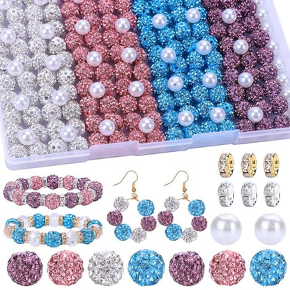 AIPRIDY Jewelry Making Beads Set, 300 PCS 10mm Rhinestone Clay Beads, 8mm Mixed Color Spacer Beads with Pearl and Floral Beads for DIY Jewelry Making (White+R+A+P) - color: White+R+A+P