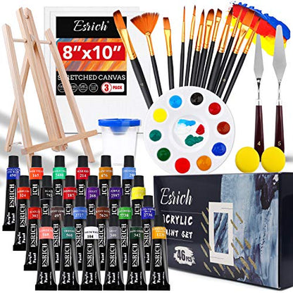 ESRICH Acrylic Paint Set, 46 Pcs Painting Supplies with Paint Brushes - color: 24 Color
