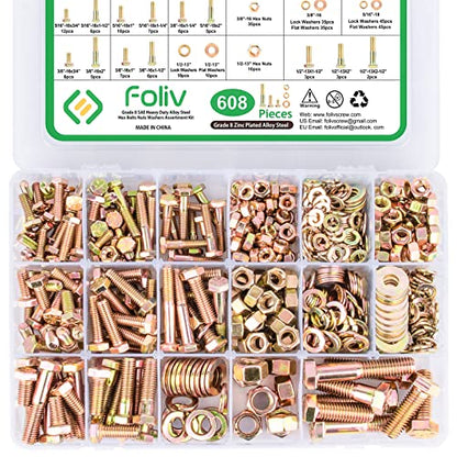 FOLIV 608pcs Grade 8 Bolts and Nuts Assortment Kit, 1/4-20, 5/16-18, 3/8-16, 1/2-13 Heavy Duty Hex SAE Bolts Nuts Washers Assortment Kit - size: 608PCS M6, M8, M10, M12