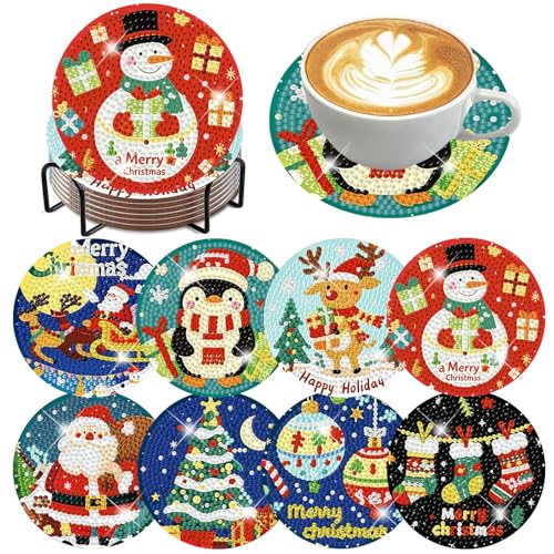 8 Pcs Christmas Diamond Art Coasters with Holder Cork Pads - color: Christmas B Coasters