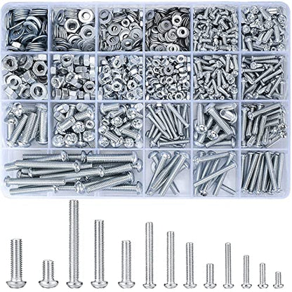 wugongshan 1080 Pcs Screws Bolts and Nuts Assortment Kit, Metric Machine Screws and Nuts and Flat Washers, M3/M4/M5/M6 Cross Slotted Round Head Bolts Sets (C)