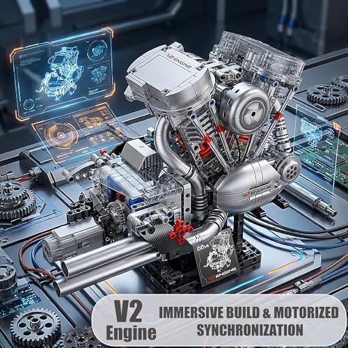 V-Twin Motorcycle Engine Model Kit that Runs, 867 Pcs STEM Block Set - style: 4-V-Twin-Two