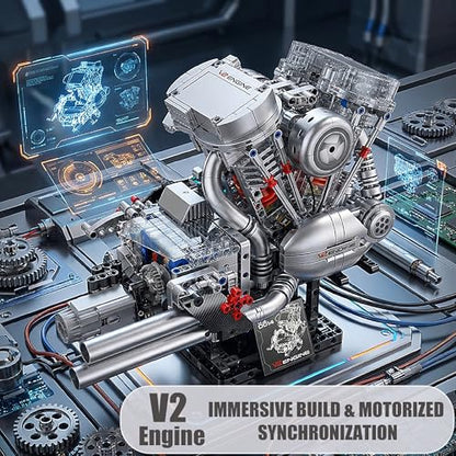 V-Twin Motorcycle Engine Model Kit that Runs, 867 Pcs STEM Block Set - style: 4-V-Twin-Two