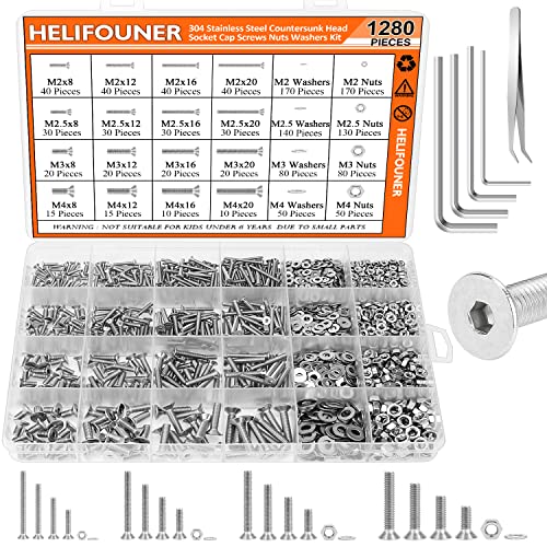 HELIFOUNER 1280 Pieces M2 M2.5 M3 M4 304 Stainless Steel Countersunk Head Socket Cap Metric Screws Bolts Washers Nuts Hardware Assortment Kit with Hex Wrenches - size: ['M2/M2.5/M3/M4']