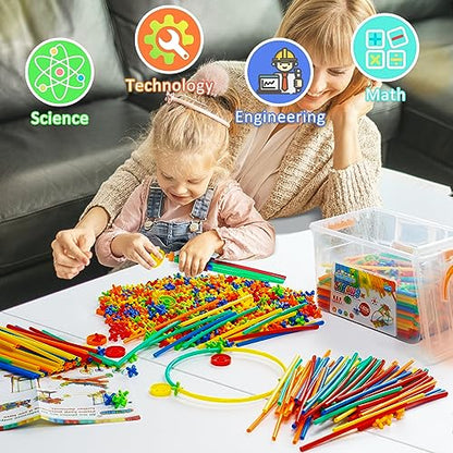 Ggiibro Straw Constructor Toys 1200Pcs STEM Building Toys Aged for 3 4 5 6 7 8+ Interlocking Plastic Toys Preschool Engineering Thin Tube Blocks Toy Educational Toy Kit for Classroom Kids Toys Set - color: 1200pcs Rainbow