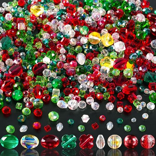Christmas Glass Beads for Jewelry Making, 636Pcs Red Green AB Color Craft Crystal Beads with Loose Beads Sparkly Beads Hole Drilled for DIY Christmas Bracelets Necklace Wristband Earring Craft - color: Red Green, size: 636pcs