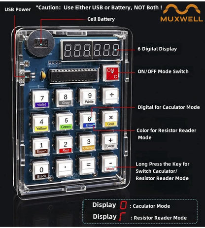 DIY Electronic Calculator Kit, 6-Digit Display, Soldering Practice Project with Resistance Reader