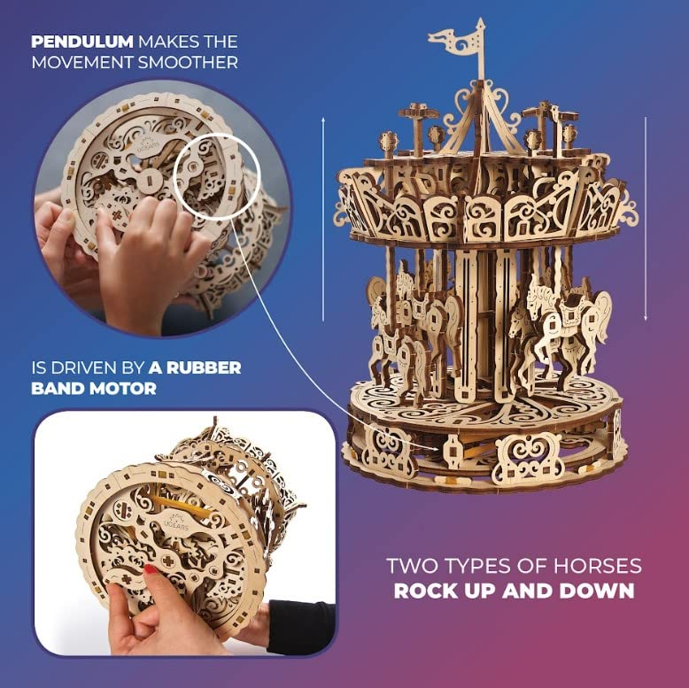 UGEARS Carousel 3D Wooden Puzzles for Adults - Mechanical 3D Model Self-Assembling Craft DIY Kit Adult 3D Puzzle Gift, Wooden Model Kits for Adults