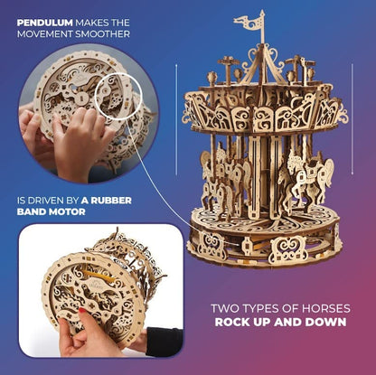 UGEARS Carousel 3D Wooden Puzzles for Adults - Mechanical 3D Model Self-Assembling Craft DIY Kit Adult 3D Puzzle Gift, Wooden Model Kits for Adults