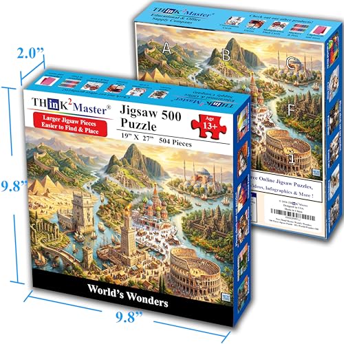 Think2Master World's Wonders 500 Pieces Large Format Jigsaw Puzzle: 13+, Teens, Adults & Families. Global Adventure to World’s Most Iconic Landmarks in an Imaginative Landscape. Size: 26.8” X 18.9” - style: World's Wonders