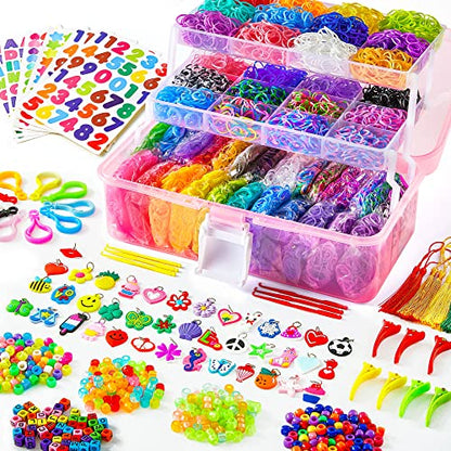 INSCRAFT 17500+ Rubber Loom Bands with 3 Layer Pink Container, 28 Colors, 600 S-Clips, 352 Beads, 40 Cartoon Pendant, Bracelet Making Refill Kit for Kids - color: Pink