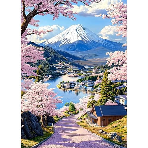 HEIBAGO Diamond Art Kits Landscape for Adults, Diamond Painting Kits Mount Fuji Sakura for Adults Beginners, 5D Full Drill Round Diamond Art Painting,DIY Gem Art for Adult for Home Wall Decor 12x16In - color: Mount Fuji Sakura
