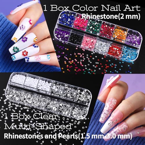 Teenitor Nail Charms and Nail Art Tools Set, Nail Art Kit with 5 Boxes of 3D Nail Charms and Gems Rhinestones, 15 Pcs Nail Art Brushes, 5 Pcs Nail Dotting Tools, 2 Set of Nail Stand